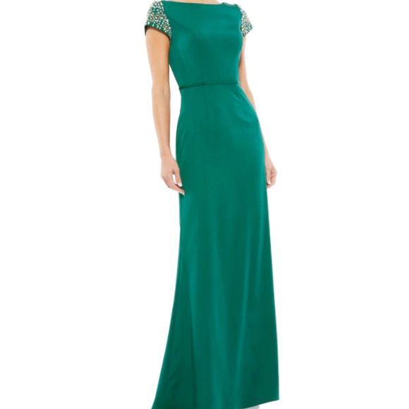 MAC DUGGAL 55718 BEADED CAP SLEEVE BATEAU NECK COLUMN EMERALD GREEN GOWN sz 2 - Picture 1 of 6